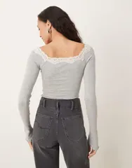 フリーピープル レディース トップス シャツ レーストリム レース Free People lace trim long sleeve top Gray グレーのサムネイル