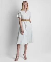 ダナ キャラン ニューヨーク レディース トップス シャツ 半袖 DKNY Womens Relaxed ShortSleeve Collared ShirtDress Ivory アイボリーのサムネイル