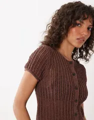 マンゴ レディース アウター カーディガン ニット Mango knit short sleeve cardigan BROWN ブラウンのサムネイル