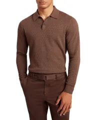 テッドベーカー メンズ トップス ポロシャツ Ted Baker Gaten Long Sleeve Textured Stitch Polo Brown ブラウンのサムネイル
