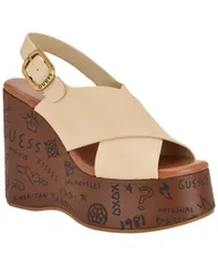 ゲス レディース シューズ サンダル プラットフォーム ロゴ GUESS Womens YariselogoEmbossed High Platform Wedge Sandals Ivory アイボのサムネイル