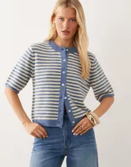 エイソス レディース アウター カーディガン ASOS DESIGN lightweight relaxed short sleeve cardigan buttermilk Blue stripeのサムネイル