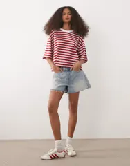 エイソス レディース トップス シャツ コントラスト ASOS DESIGN contrast neck boxy crop top stripe Red stripe レッドのサムネイル