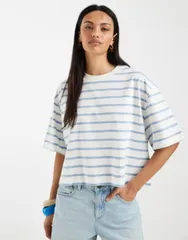 エイソス レディース トップス Tシャツ クロップド ASOS DESIGN boxy cropped tshirt in baby blue cream stripes Blue cream クリーのサムネイル
