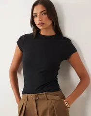 エイソス レディース トップス Tシャツ クルーネック リブ ASOS DESIGN longline shrunken ribbed crew neck tee Black ブラックのサムネイル
