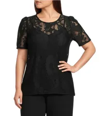 アンクライン レディース トップス Tシャツ クルーネック プラスサイズ レース Anne Klein Plusize Blossom Lace Crew Neck Short Sleeve TShiのサムネイル