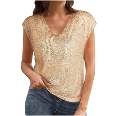 セオリア レディース トップス Tシャツ Vネック スパンコール Seoria Womens Full Sequin Top with Shiny Party Sleeveshiny Vneck Loのサムネイル