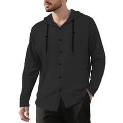 セオリア レディース トップス Tシャツ コットン リネン Seoria Mens Long Sleeve Casual Hooded TShirt in Solid Color Cotton andのサムネイル