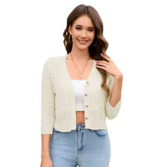 セオリア レディース アウター ニット・セーター Vネック カーディガン クロップド Seoria Womens Cardigan Lightweight Knit Sweater Crochet 3のサムネイル