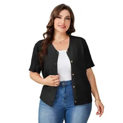 セオリア レディース アウター ニット・セーター ボタンダウン プラスサイズ カーディガン ダウン Seoria Plusize Women Button Down Short Sleeve Knitのサムネイル