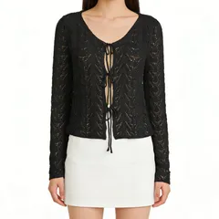 セオリア レディース アウター ニット・セーター Vネック カーディガン クロップド Seoria Women Cardigan Sweaters V Neck Cropped Bow Tie Froのサムネイル