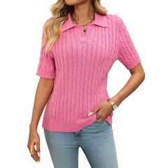 セオリア レディース アウター ニット・セーター Vネック ポロシャツ Seoria Womenshort Sleeve Sweater Tops Lapel V Neck Cable Knit Poのサムネイル