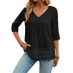 セオリア レディース トップス Tシャツ レース Seoria Women Half Sleeve Lace Hollow Outop Black ブラックのサムネイル