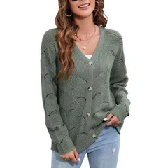 セオリア レディース アウター ニット・セーター カーディガン Seoria Womens Lightweight Crochet Cardigan Long Sleeve Hollow Out Kiのサムネイル