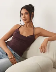 エイソス レディース トップス シャツ ASOS DESIGN sculpting cami with t bar strap detail Brown ブラウンのサムネイル