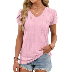 セオリア レディース トップス Tシャツ Vネック Seoria Womens Eyelet VNeck Short Sleeve Topink ピンクのサムネイル