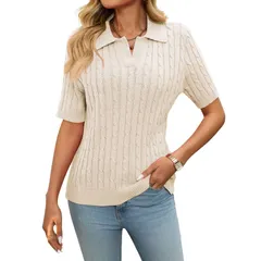 セオリア レディース アウター ニット・セーター Vネック ポロシャツ Seoria Womenshort Sleeve Sweater Tops Lapel V Neck Cable Knit Poのサムネイル