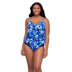 Trimshaper Women's Floral V-Neck Tankini Swim Top (Violet Blossom)