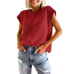 セオリア レディース アウター ニット・セーター クルーネック ベスト ノースリーブ キャップ Seoria Womens Cap Sleeve Sweater Vest Crew Neck Sleeのサムネイル