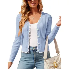 セオリア レディース アウター ニット・セーター コントラスト カーディガン クロップド Seoria Womens Lettuce Trim Cropped Cardigan Contrast Coのサムネイル