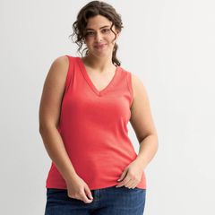 소노마 레이디스 탑스 T셔츠 V넥 플러스 사이즈 리브 Plusize Sonoma Goods For Life Ribbed VNeck Tank Top Spanish Coral