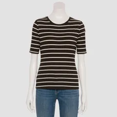 ナインウェスト レディース トップス Tシャツ プチ Petite Nine West Fitted Elbow Sleeve Tee Brown Marla Stripe ブラウンのサムネイル