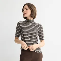 ナインウェスト レディース トップス Tシャツ モックネック Womens Nine West Fitted Elbow Sleeve Mockneck TShirt Brown Chiara Strのサムネイル