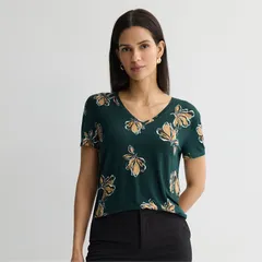 ナインウェスト レディース トップス Tシャツ Vネック プチ Petite Nine West Essential Short Sleeve VNeck Tee Green Luana Floralのサムネイル