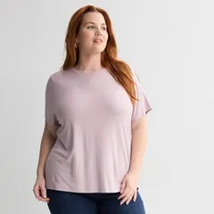 ナインウェスト レディース トップス Tシャツ クルーネック プラスサイズ Plusize Nine West Essential Crewneck Tee Washed Grape Shine グレのサムネイル