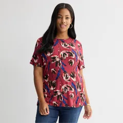 ナインウェスト レディース トップス Tシャツ クルーネック プラスサイズ Plusize Nine West Essential Crewneck Tee Red Raya Blooms レッドのサムネイル
