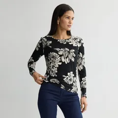ナインウェスト レディース トップス Tシャツ クルーネック Womens Nine West Essentialong Sleeve Crewneck Shirt Black Estelle Floのサムネイル
