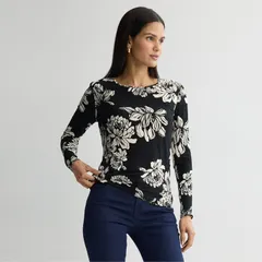 ナインウェスト レディース トップス Tシャツ クルーネック プチ Petite Nine West Essentialong Sleeve Crewneck Tee Black Estelle Flのサムネイル