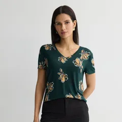 ナインウェスト レディース トップス Tシャツ Vネック Womens Nine West Essential VNeck TShirt Green Luana Floral グリーンのサムネイル