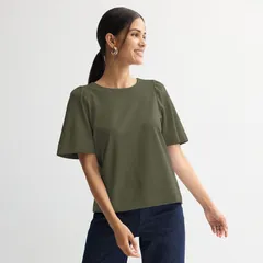 ナインウェスト レディース トップス Tシャツ クルーネック Womens Nine West Ruching Flutter Sleeve Crewneck Tee Lander Green グリーのサムネイル