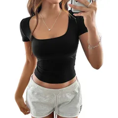 セオリア レディース トップス Tシャツ スリムフィット Seoria Women T Shirtsquare Neck Tops Basic Double Lined Short Sleeve Shのサムネイル