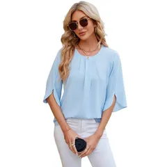 セオリア レディース トップス シャツ シフォン プリーツ ブラウス Seoria Womensummer Tops Dressy Casual Pleated Scoop Neck Half Sleのサムネイル