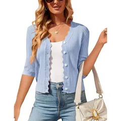 セオリア レディース アウター ニット・セーター Vネック ボタンダウン フリル カーディガン ダウン クロップド Seoria Womens Button Down Lightweight Cardのサムネイル