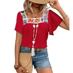 セオリア レディース トップス Tシャツ 刺繍 ブラウス Seoria Womenshort Sleevembroide red Blouse Square Neck Boho Casual Topのサムネイル
