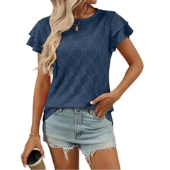 セオリア レディース トップス Tシャツ クルーネック フリル ブラウス Seoria Womenshort Sleeve Ruffle Blouse Crew Neck Casual Top Darのサムネイル