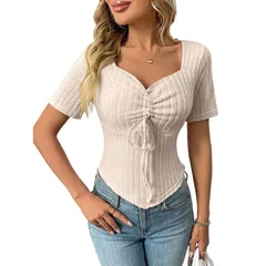 セオリア レディース トップス Tシャツ スリムフィット リブ ニット Seoria Womens T Shirt Ribbed Knit Drawstring Sweetheart Neck Shoのサムネイル