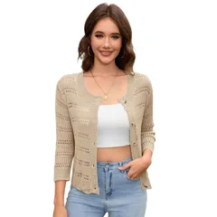 セオリア レディース アウター ニット・セーター クルーネック カーディガン ダウン Seoria Womens Cardigan Crochet 34 Sleeve Shrug Crewneck Bのサムネイル