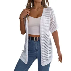 セオリア レディース アウター ニット・セーター カーディガン Seoria Womensolid Color Summer Crochet Short Sleeve Knit Cardigan Liのサムネイル