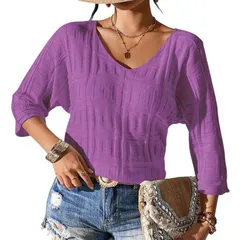 セオリア レディース トップス Tシャツ Vネック Seoria Womens VNeck Texturedolman Sleeve Topurple パープルのサムネイル