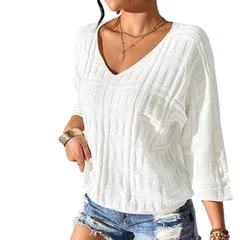 セオリア レディース トップス Tシャツ Vネック Seoria Womens VNeck Texturedolman Sleeve Top White ホワイトのサムネイル