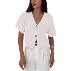 セオリア レディース アウター ニット・セーター シャツ Seoria Women Crop Button Sweater Elegant Short Sleeve Shirt White ホワイトのサムネイル