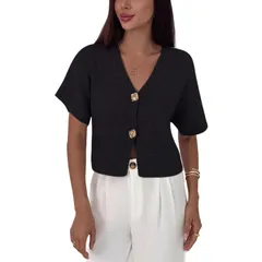 セオリア レディース アウター ニット・セーター シャツ Seoria Women Crop Button Sweater Elegant Short Sleeve Shirt Black ブラックのサムネイル