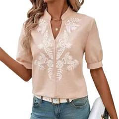 セオリア レディース トップス シャツ Vネック フラワー柄 刺繍 フラワー Seoria Womens Floral Embroide red V Neck Short Sleeve Shirt Bのサムネイル