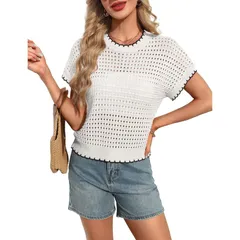 セオリア レディース トップス Tシャツ ニット Seoria Women Casual Top Short Sleeve Hollow Out KnitShirt Black ブラックのサムネイル