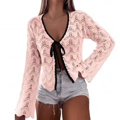 セオリア レディース アウター ニット・セーター カーディガン Seoria Women Color Block Cardigan Hollow Out Frontie Loose Topink ピンのサムネイル