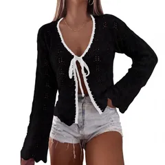 セオリア レディース アウター ニット・セーター カーディガン Seoria Women Color Block Cardigan Hollow Out Frontie Loose Top Blackのサムネイル